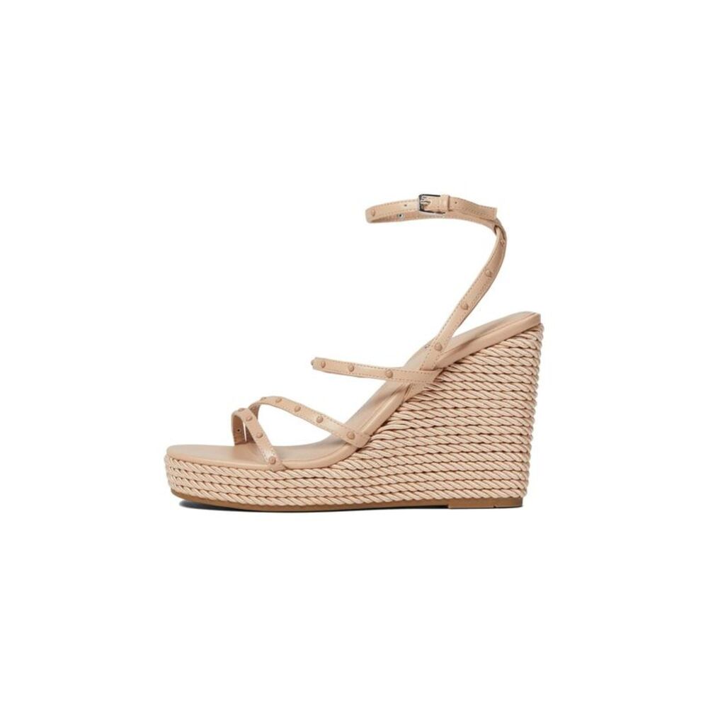 MARC FISHER Womens Beige Strappy Studded Zig Square Toe Wedge Heeled Sandal 11 M